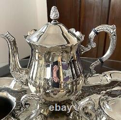 Leonard Vintage Silver Plate Footed Tea Pot Creamer Covered Sugar Tray Set