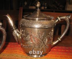 MERIDEN B SILVER PLATE ENGRAVED TEA SET QUADRUPLE 5 PC 1800s NO DENTS w LIDS