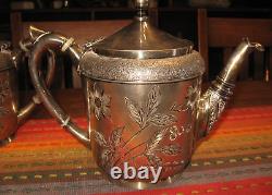 MERIDEN B SILVER PLATE ENGRAVED TEA SET QUADRUPLE 5 PC 1800s NO DENTS w LIDS