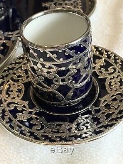Magnificent German Sterling Silver Overlay Porcelain Tea Set Art Deco Design
