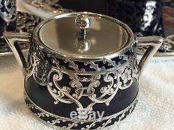 Magnificent German Sterling Silver Overlay Porcelain Tea Set Art Deco Design