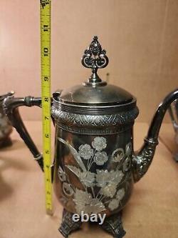 Meriden Quadrupal Silver Plated Floral Engraved Tea Set 7 Pc