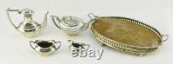 Miniature Sterling Silver Tea Set & Tray 5 Pce Doll House Antique John Rose 1/12