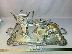 Monumental Chinese Export Silver Wang Hing Tea Set Teapot Associated Tray 4617g