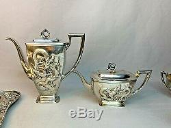 Monumental Chinese Export Silver Wang Hing Tea Set Teapot Associated Tray 4617g