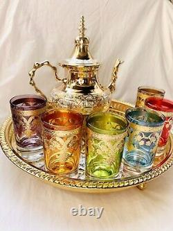 Moroccan Handmade Tea Set, 6 Tea Glasses, Teapot, Tea Tray, Luxury Homeware