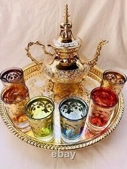 Moroccan Handmade Tea Set, 6 Tea Glasses, Teapot, Tea Tray, Luxury Homeware
