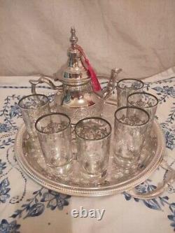 Moroccan Tea Set, Handmade Silver Teapot, Engraved Tea Tray, Set Of 6 CupsNEW
