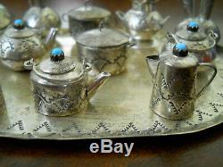 Native American Miniature Turquoise Sterling Silver Cookware Coffee Tea Set EMW