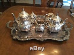 Old English Sterling Silver Hand Chased 5 Piece Tea Set & Tray