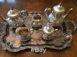 Old English Sterling Silver Hand Chased 5 Piece Tea Set & Tray