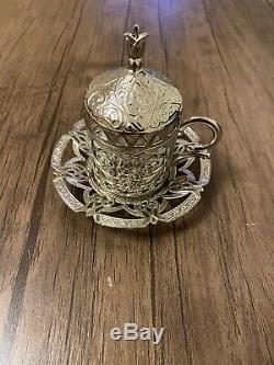 Ottoman Turkish Silver Metal Tea Coffee Saucers Cups Tray Set UK SELLER