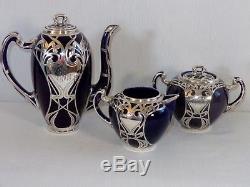 Outstanding Early Lenox Cobalt Silver Overlay 3 Piece Art Nouveau Tea Set