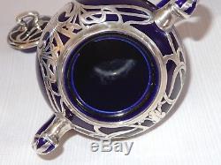 Outstanding Early Lenox Cobalt Silver Overlay 3 Piece Art Nouveau Tea Set