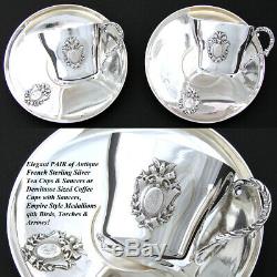 PAIR of Antique French Sterling Silver Tea Cup & Saucer Set, 4pc, Empire Style