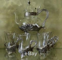 PERSIAN TURKISH ARABIC MIDDLE EASTERN STYLE TEA COFFEE POT & CUP Set of 6 SILVER