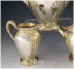 PUIFORCAT Rare French Art Nouveau IRIS Sterling Silver Vermeil Tea Coffee Set