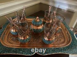 Persian Tea set Turquoise Stone & Copper Made by Master Mr Aghajani, NEW