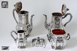 Puiforcat French Sterling Silver 18k Gold Tea, Coffee Set 4 pc, Regency