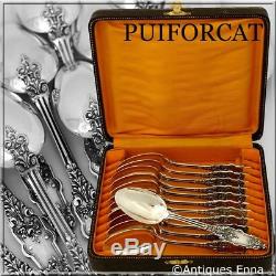 Puiforcat Rare French Sterling Silver Tea Coffee Dessert Set 12 pc Box, Acanthus