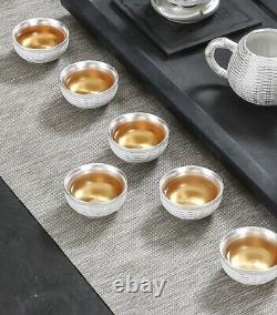 Pure silver print tea set 999 sterling silver tea pot gaiwan porcelain tea cups