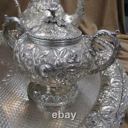 RARE 8 Pc Kirk & Son Repousse Sterling Silver Coffee Tea Service Set withTray J853