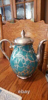 RARE Art Deco Signed Bavarian Seltmann Silver Overlay Tea Set-Turquoise
