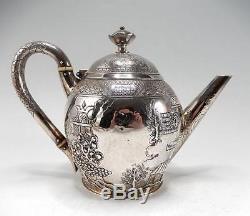 RARE CHINESE WILLOW PATTERN STERLING SILVER TEA SET T. SMILY for ELKINGTON 1868