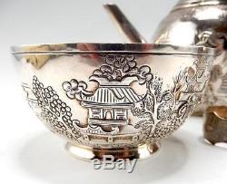RARE CHINESE WILLOW PATTERN STERLING SILVER TEA SET T. SMILY for ELKINGTON 1868