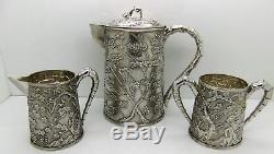 Rare Chinese Export Silver 3 piece PRUNUS and'CRACKED ICE' tea set. SIGNED 1900