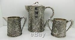 Rare Chinese Export Silver 3 piece PRUNUS and'CRACKED ICE' tea set. SIGNED 1900