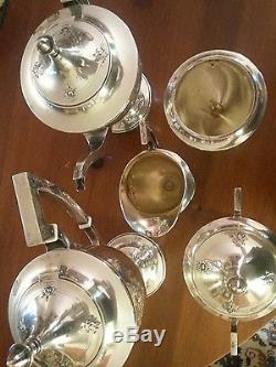 Rare International Sterling Silver Tea Set Coffee 5-Piece repouse hand chaised