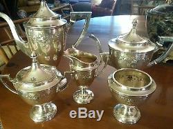 Rare International Sterling Silver Tea Set Coffee 5-Piece repouse hand chaised