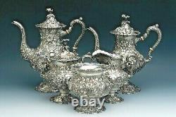 Rare Stieff Rose Sterling Silver 5 piece Coffee/Tea Set, Full Chased 1100 Series