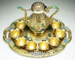 Rare Ten (10) Pieces Chinese Enameled Gilt On Silver & Jeweled Tea Set