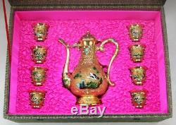 Rare Ten (10) Pieces Chinese Enameled Gilt On Silver & Jeweled Tea Set