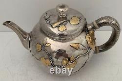 Rare Whiting Aesthetic Sterling Mixed Metals Tea Set Applied Leaves & Vines 1880
