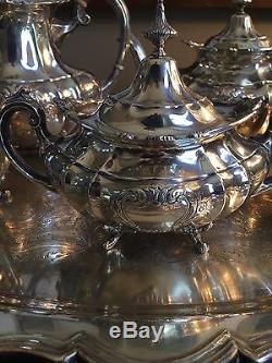 Reed And Barton Sterling Tea Set Hampton Court Shield With Silver Plated Waiter