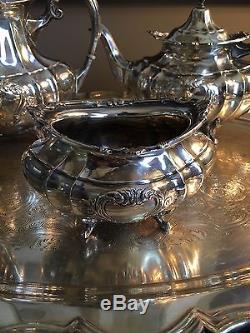 Reed And Barton Sterling Tea Set Hampton Court Shield With Silver Plated Waiter