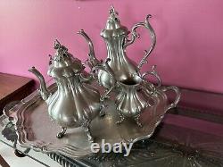 Reed And Barton Winthrop Antique pewter tea coffee set Tray Pumpkin, Candlestick