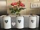 Retro Vintage White Enamel Tea Coffee Sugar Canisters Jars Set Silver Heart Jars