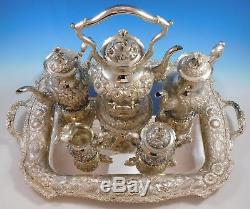 Rose by Stieff Sterling Silver Tea Set 5pc with Tray Flower Finial #2249 Fabulous