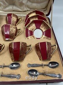 Royal Doulton Mappin & Webb Porcelain Tea Coffee Box Set. Sterling Silver Spoons