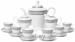 Royalty Porcelain 17-pc Elegant Silver Greek Key Tea Set for 6, Czech Porcelain