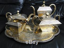 Russian Tea And Coffee Set With Tray Sterling Silver Gilded St Petersburg 1870