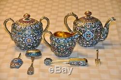 Russian antique silver/enamel seven-piece tea set