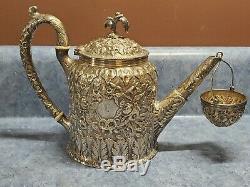 S. Kirk & Son REPOUSSE 1883 Coin Silver 5pc Tea Set with Waste Bowl RARE