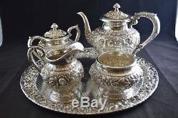 S Kirk & Son Repousse Sterling Silver Complete 5 Piece Tea Set with Tray