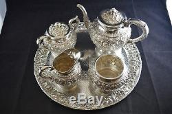 S Kirk & Son Repousse Sterling Silver Complete 5 Piece Tea Set with Tray