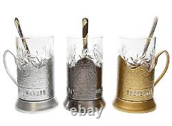 SILVER Set of 4 Russian Vintage Crystal Tea Glass & Handmade Holder Podstakannik